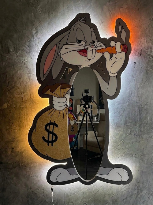Bugs Bunny Money Bag & Carrot Glow Mirror | Modern Cartoon Wall Art